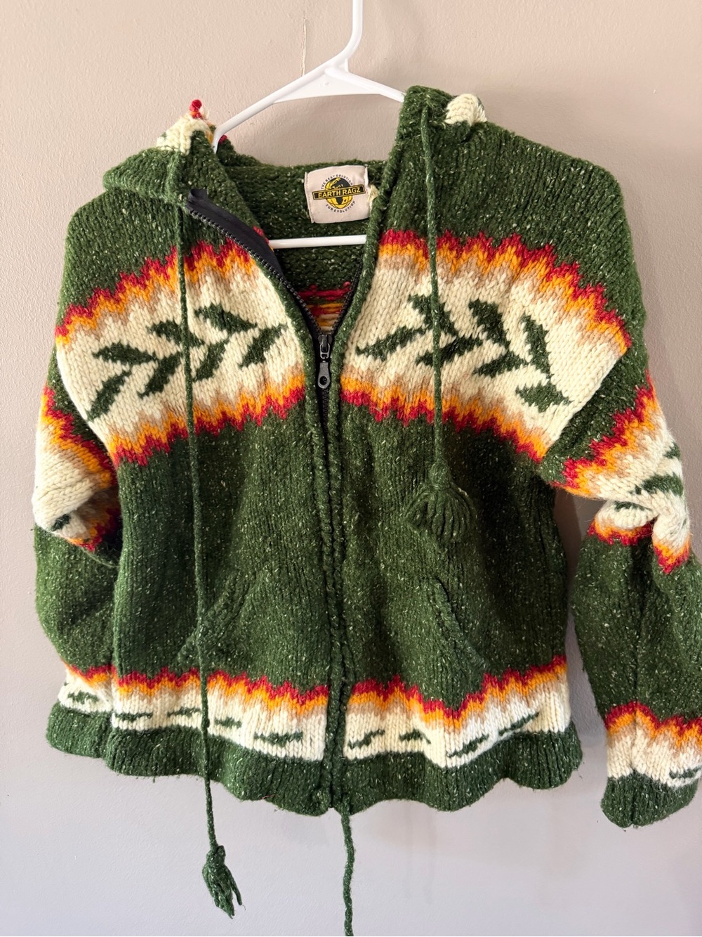 Green Hooded Knit Zip Cardigan with Southwestern Pattern